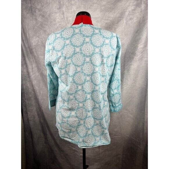 JH COLLECTION 3/4 SLEEVE TURQUOISE/WHITE/ FLORAL V-NECK COTTON TOP!! SZ LARGE - Picture 4 of 9